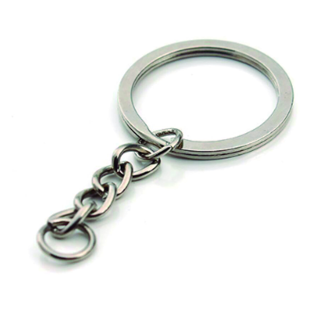 100 Aros de 25mm chatos con cadena para llaveros, color nickel.